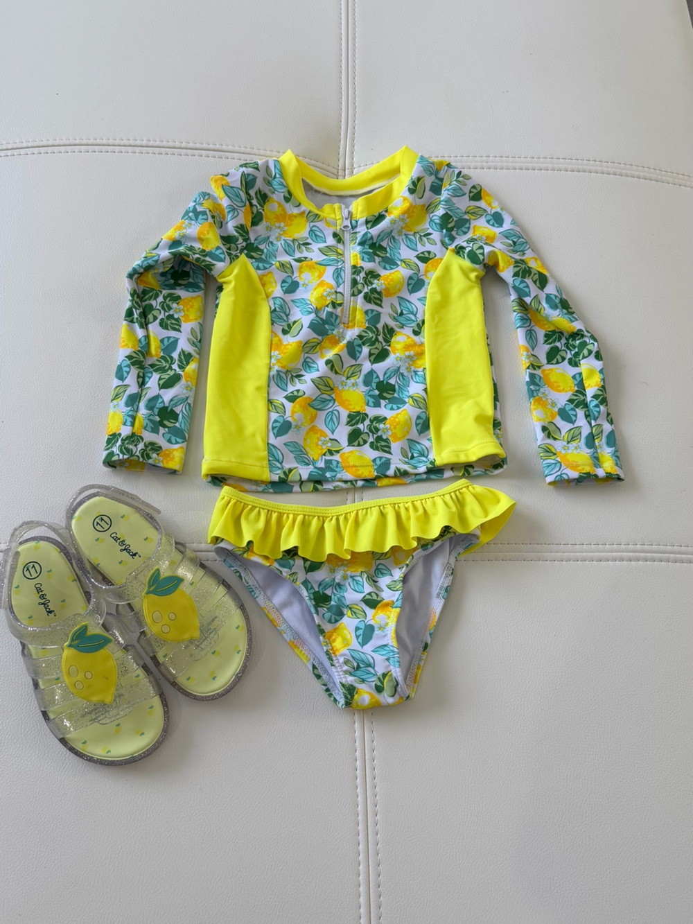 Nicole Miller Girls Yellow Lemon Print Rash Guard Swimsuit Set